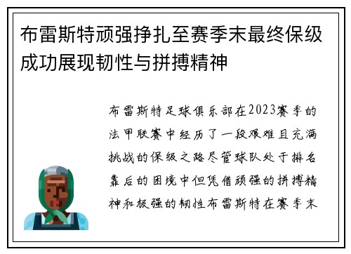 布雷斯特顽强挣扎至赛季末最终保级成功展现韧性与拼搏精神