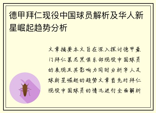 德甲拜仁现役中国球员解析及华人新星崛起趋势分析