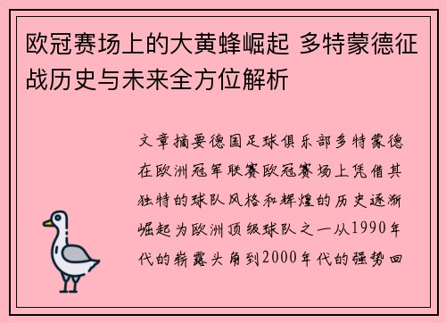 欧冠赛场上的大黄蜂崛起 多特蒙德征战历史与未来全方位解析